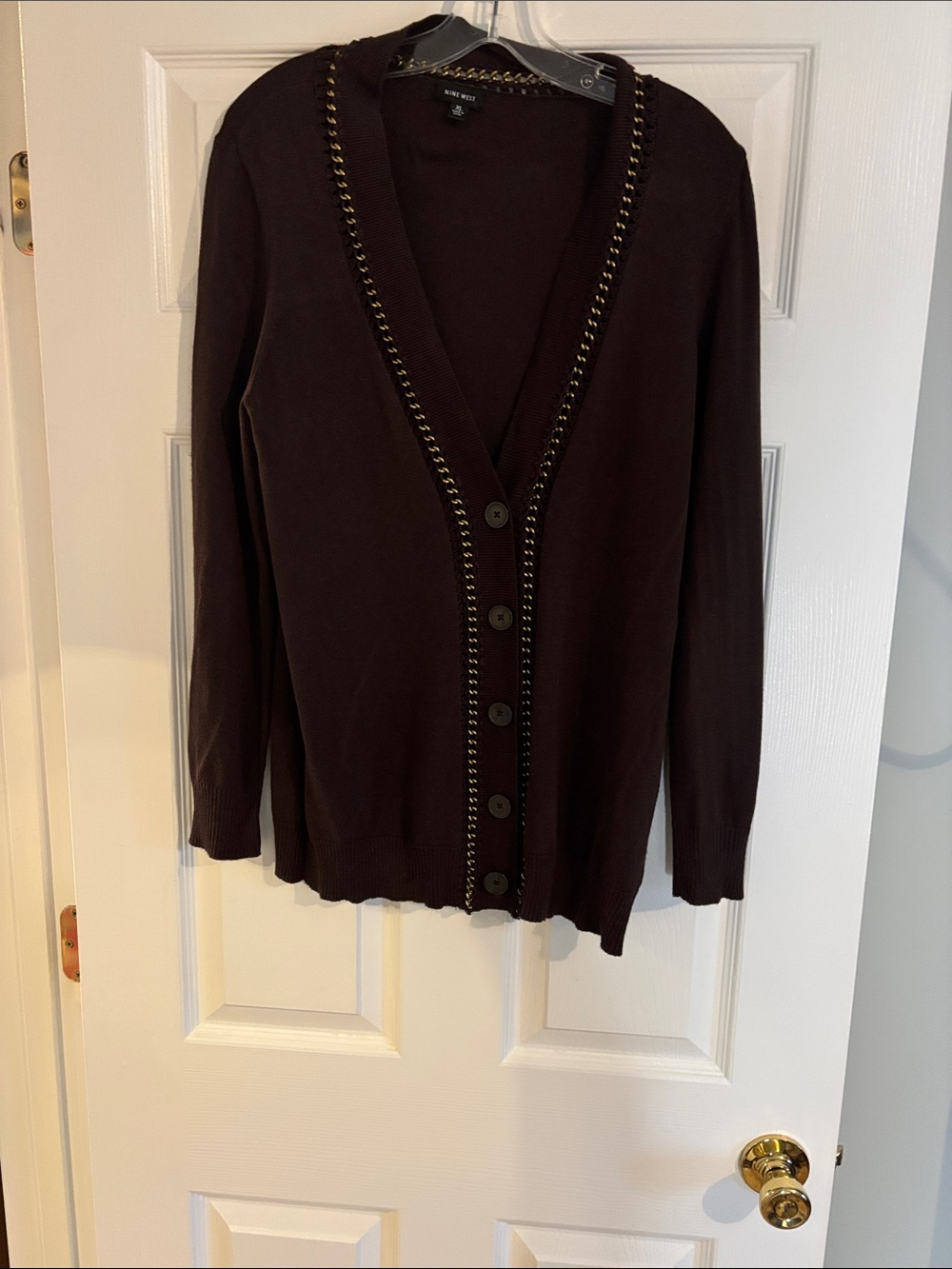 Nine West Dark Brown Button-Front Cardigan with Chain Trim